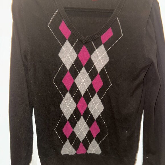 Black Argyle V-Neck Sweater | Pink & Grey Preppy Knit Pullover Y2K Academic - Picture 2 of 3